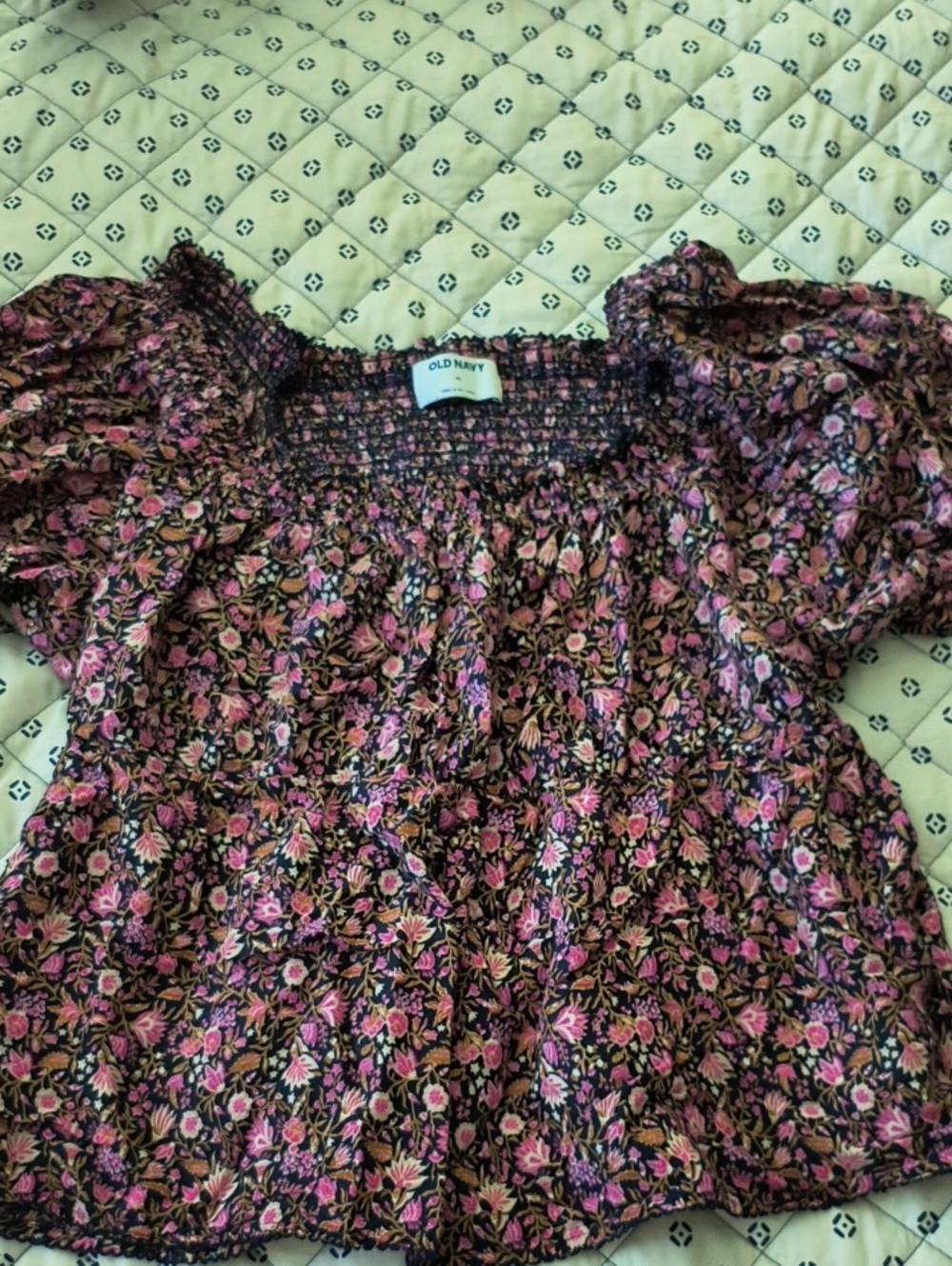 Old Navy Blue Floral Smocked Puff Sleeve Blouse - Pink Accents